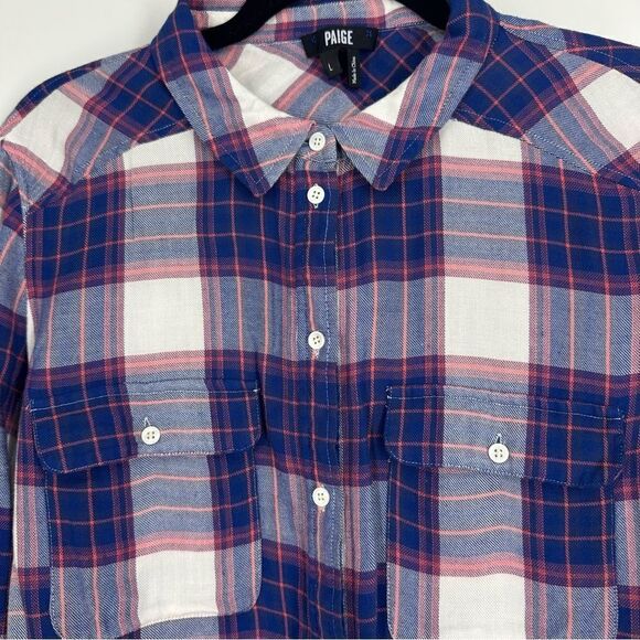 PAIGE Trudy Shirt in White/Blue Mazarine and Coral Spice Button Down Shirt Sz L - Picture 4 of 8